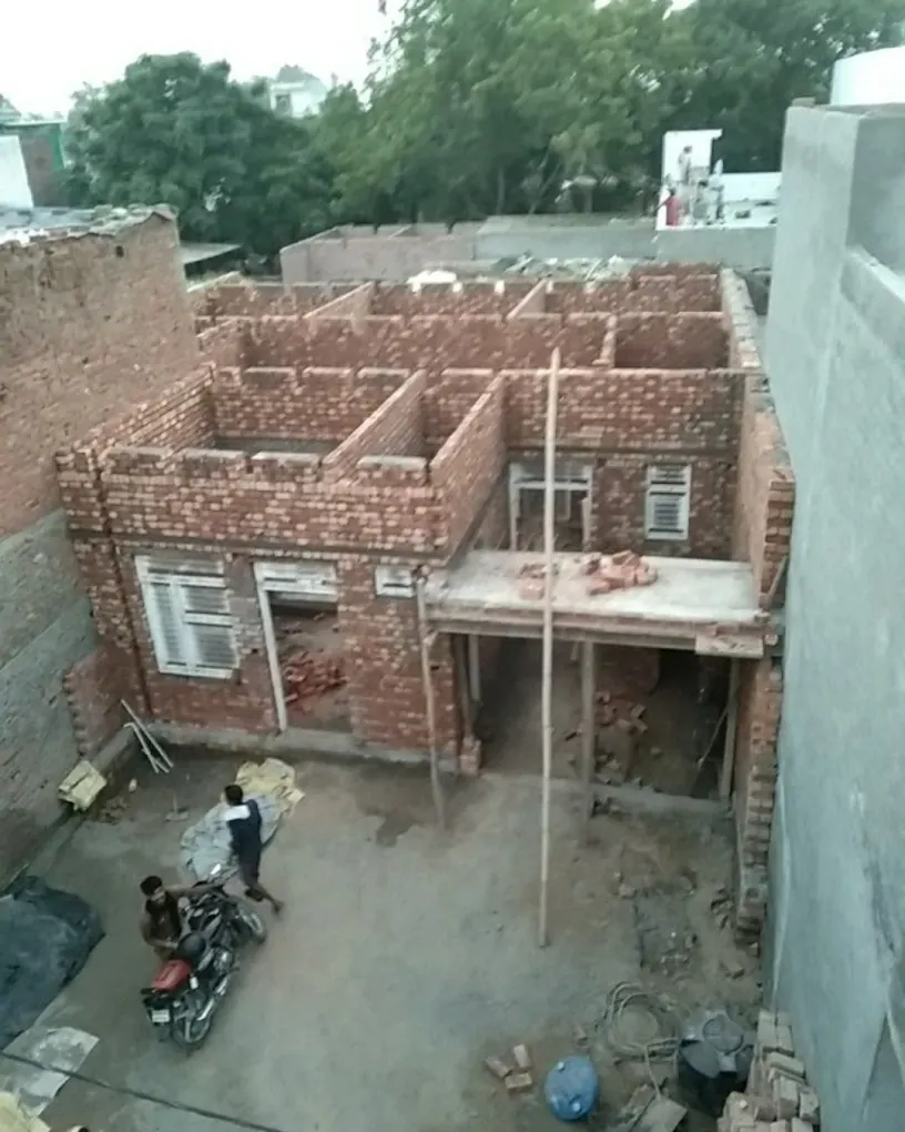 Brick house construction, aerial view
